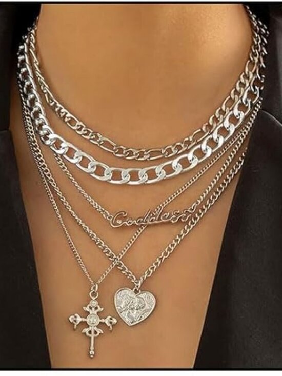 Jewelry - Layered Gold Necklace Stack Heart Coin Cross Paperclip Chain Set